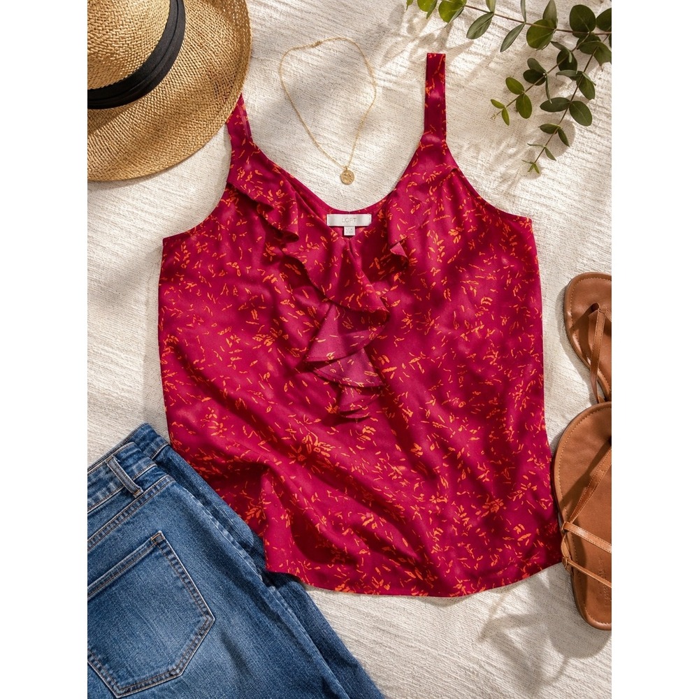LOFT Floral Ruffle Cami Large Lightweight Boho Tank Top Pink Orange Summer